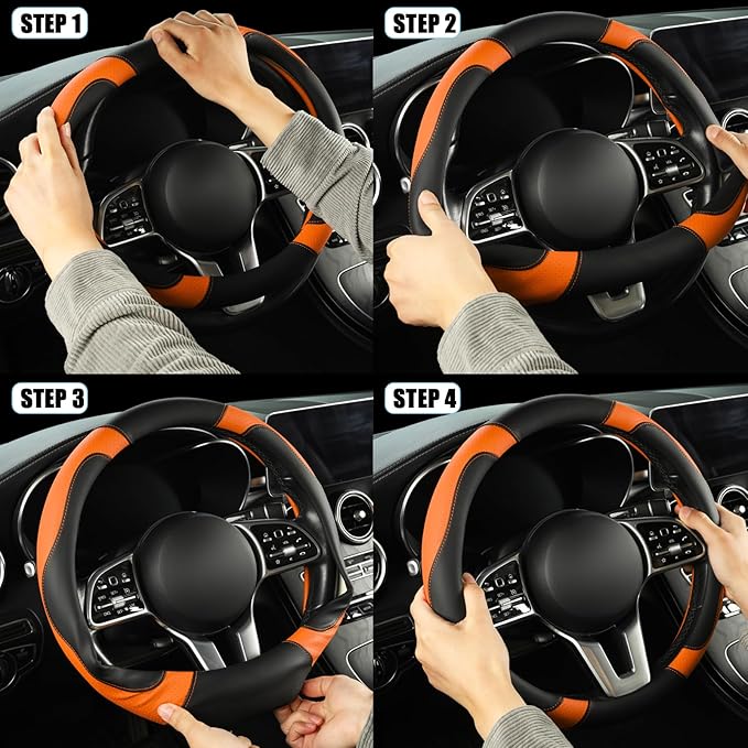 Binsheo Leather Steering Wheel Cover, Breathable, Anti Slip & Odor Free, Black and Orange