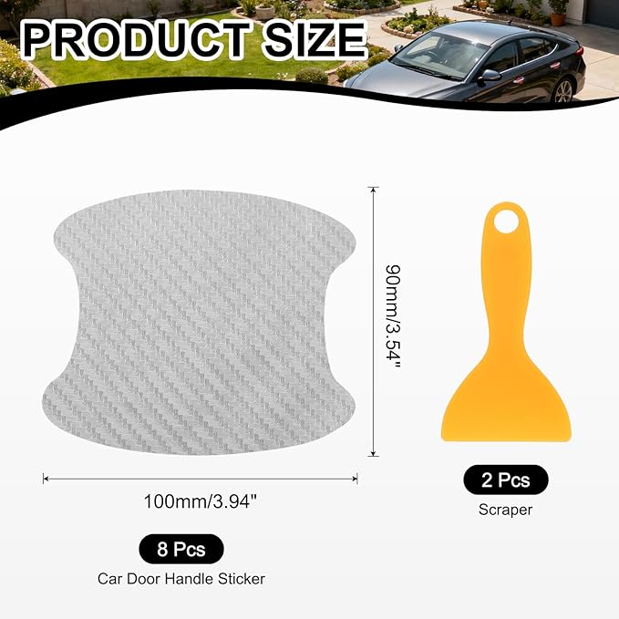 PATIKIL 3.54" x 3.94" Car Door Handle Sticker, 8Pcs Carbon Fiber Anti-Scratches Vehicle Door Cup Protector with Scraper Auto Door Handle Protective Film for Cars Trucks RV SUV, Silver