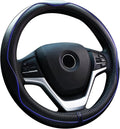 Valleycomfy Steering Wheel Covers Universal 15.75 inch - Genuine Leather, Breathable, Anti Slip & Odor Free (Black with Blue Lines, L(15" 1/2-16"))