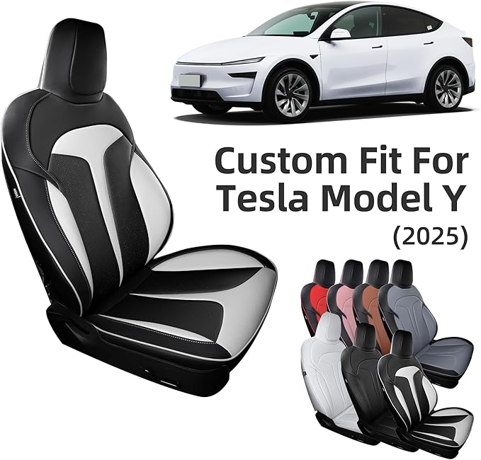 OURPLOT Custom Fit Seat Covers for 2025 2026 Tesla Model Y Juniper (5-Seater), Waterproof Breathable Nappa Leather, OEM Factory Style Full Set Car Seat Protectors Airbag Compatible - Black+White