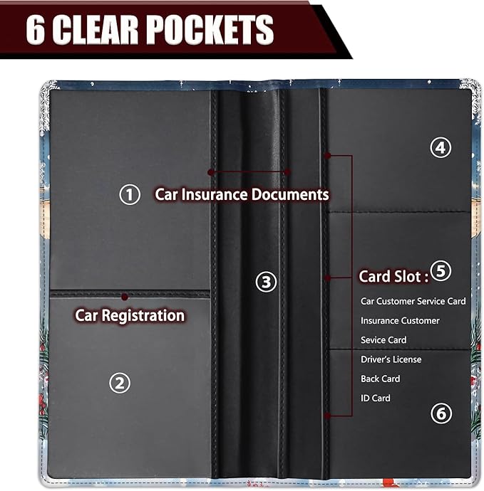 Car Registration Holder, PU Leather Vehicle Glove Box Organizer for Driver License, Document, Car Insurance Holder with Magnetic Shut, Auto Paperwork Wallet Case Accessories, Christmas Reindeer