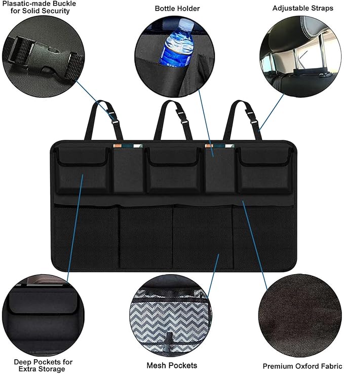 Trunk Organizer for Car, Large Capacity Car Organizers and Storage with 9 Pockets, Waterproof Backseat Hanging Organizer for SUV, Truck, MPV, Interior Accessories for Men and Women