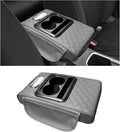 Car Center Console Armrest Pillow, Leather Arm Rest Cover Pad with 2 Storage Pockets Cup Holder & Phone Slot, Soft Middle Console Cushion Protector for Most Vehicles (Gray, Embroidered)