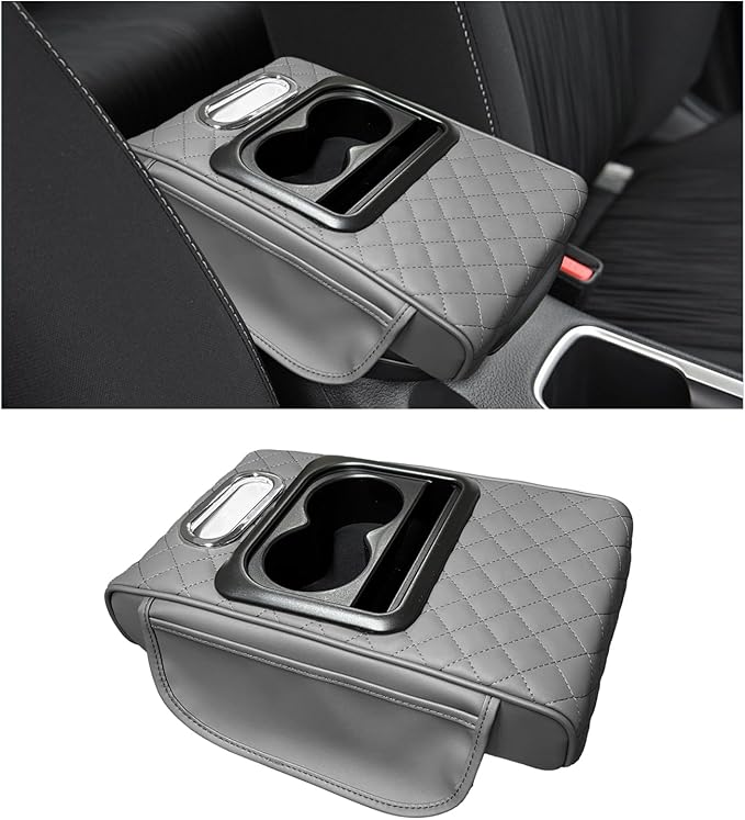 Car Center Console Armrest Pillow, Leather Arm Rest Cover Pad with 2 Storage Pockets Cup Holder & Phone Slot, Soft Middle Console Cushion Protector for Most Vehicles (Gray, Embroidered)