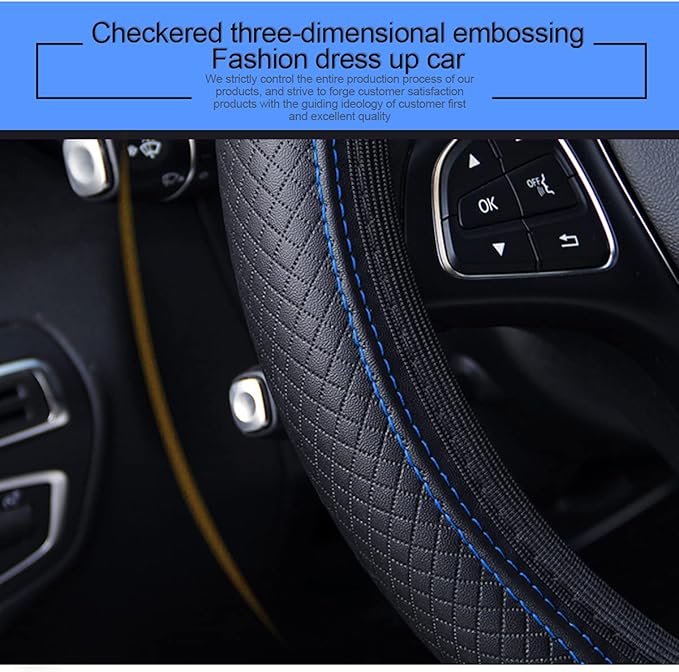 Leather Car Steering Wheel Cover, Elastic, Breathable Anti-Slip, Universal 15 inch, Steering Wheel Cover for Men Women (Black/Blue)