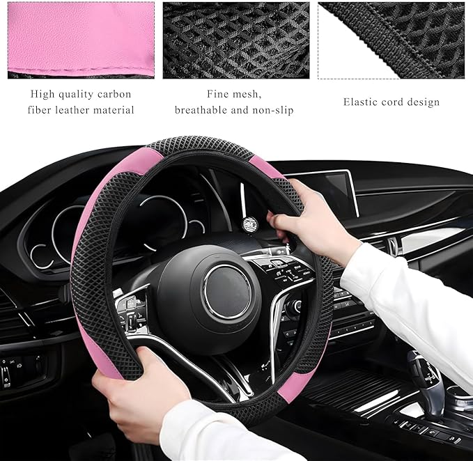 Elastic Stretch Steering Wheel Cover, Warm in Winter and Cool in Summer, Universal 15 inch Microfiber Breathable Ice Silk Anti Slip Car Interior Accessories, Odorless, (Black Pink)