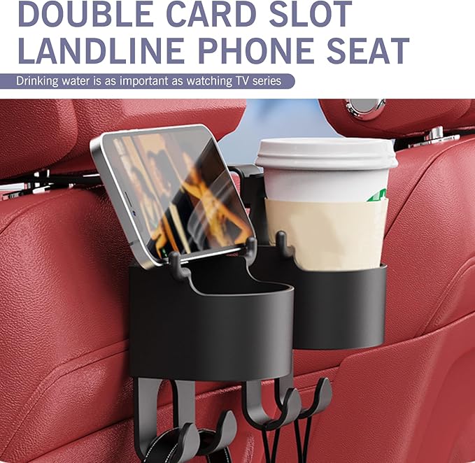 Eratus 2 PCS Car Seat Headrest Organizer, 3-in-1 Cup Holder Cell Phone Bracket Hanging Storage Hooks, Portable and Hands Free Multi-Function Hook, for Most Cars Backseat Accessories (Black)