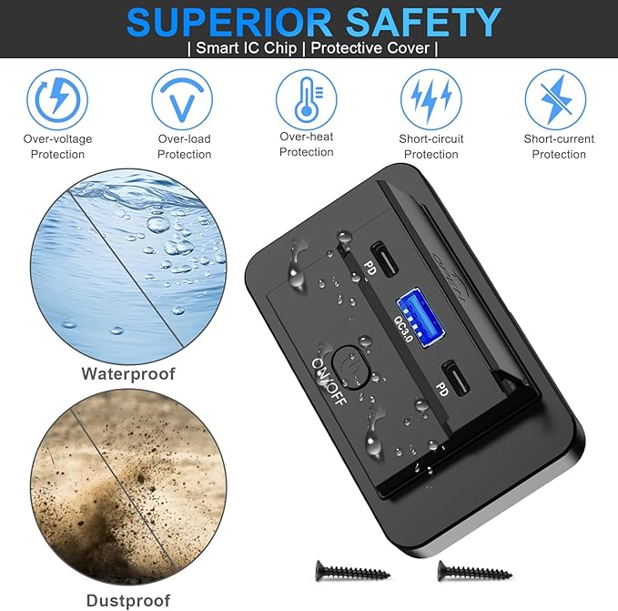 4PCS 3 Ports 12V RV USB Outlet 90W, Dual PD3.0 Type-C Quick Charge 72W & USB QC3.0 18W Panel Wall Mount, Automotive Car USB Socket Charger Adapter for RV Marine Boat Bus ATV Motorcycle Truck