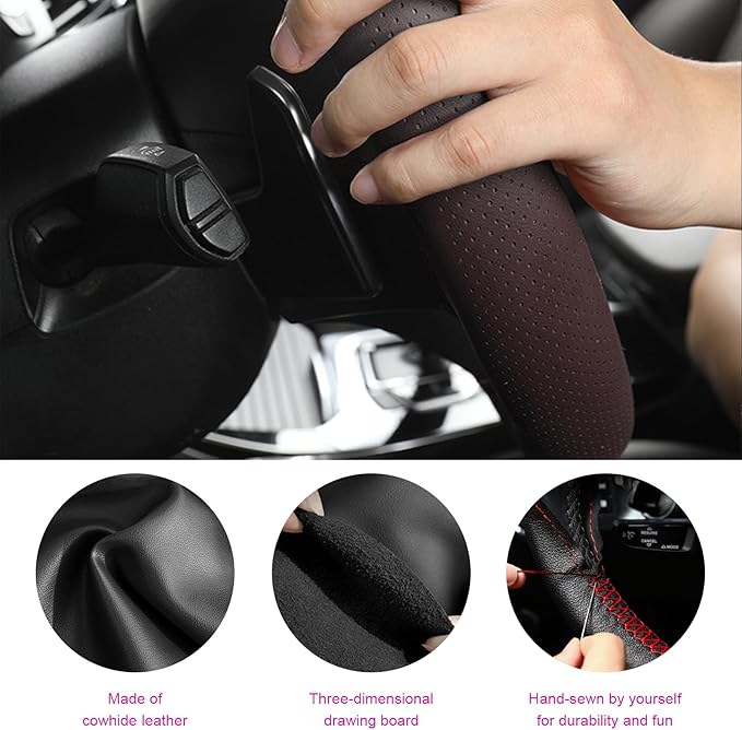 Ziciner Genuine Leather Steering Wheel Cover, Stitch on Wrap, Breathable Anti-Slip Car Steering Wheel Protector for Max Diameter 15 Inch, DIY Sewing with Needles Thread (Coffee, Glossy)