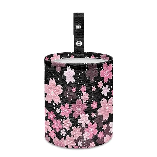 Cherry Blossom Car Garbage Can Small Trash Can with Leak Proof Inside Liner And Hanging Strap Car Organizer Portable Car Essentials for Road Trip