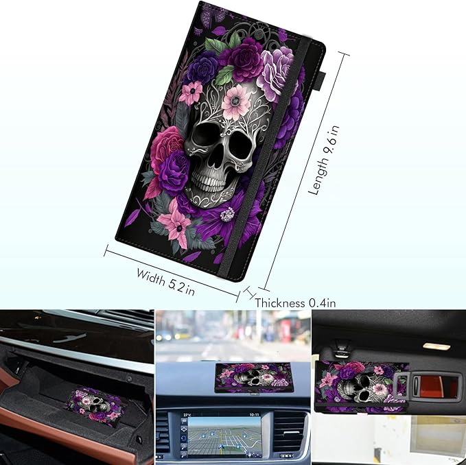 RAUEDWDJS Car Registration and Insurance Holder,Leather Vehicle Glove Box Organizer Wallet Case for Driver's License,ID Key Information Cards-Purple Skull