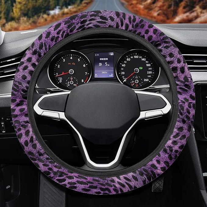 Universal Non-Slip Steering Wheel Cover, 15-inch Polyester Material Driving Accessories, Adjustable for Car and Truck(Artistic Amethyst Leopard)