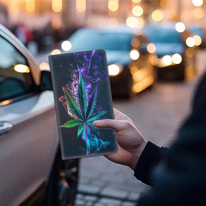 Car Registration Holder, Waterproof PU Leather Vehicle Card Document Glove Box Organizer, Women Interior Auto Accessories Case for Cards, Driver License Car Insurance Holder, Weed Leaf Pattern