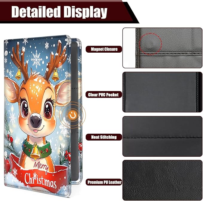 Car Registration Holder, PU Leather Vehicle Glove Box Organizer for Driver License, Document, Car Insurance Holder with Magnetic Shut, Auto Paperwork Wallet Case Accessories, Christmas Reindeer