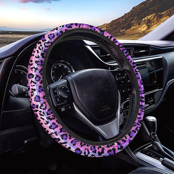 Universal Non-Slip Steering Wheel Cover, 15-inch Polyester Material Driving Accessories, Adjustable for Car and Truck(Pink Purple Gradient Leopard)