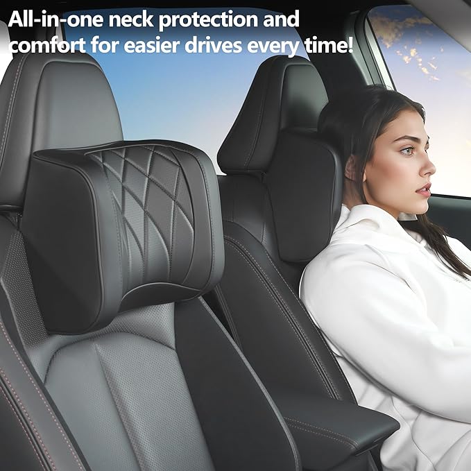 Dapucarin Car Headrest Pillow U-Shaped, Memory Foam Head Neck Support Cushion for Driving, Leather Head Rest Travel Pillows for Sleeping, Breathable Removable Cover, Black, 1 Pack