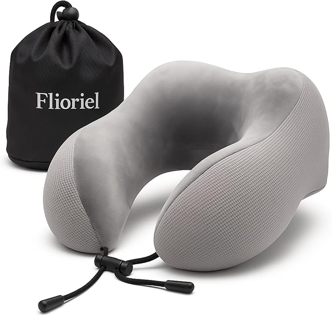 Flioriel Travel Pillow for Airplane with Soft Memory Foam, U-Shaped Neck Support, Plush & Waffle Washable Cover with Lanyard for Car, Office & Camping (Light Gray)