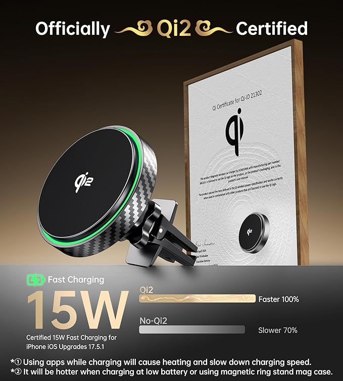 for Magsafe Car Mount Charger 2025 New [Qi2 Certified-15W], 360° Rotatation [Dash & Vent] Wireless Car Charger, for iPhone 17 16 15 14 13 12 Series, for Magnetic iPhone Car Accessories, Black