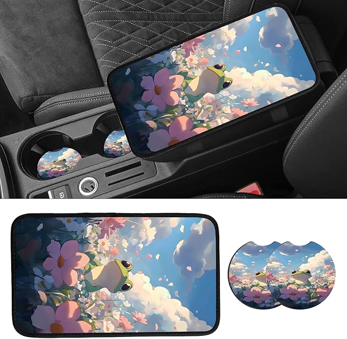 JANENFNA Car Armrest Cover Pads Universal Fashion Cute Auto Center Console Armrest Cover Pad with 2PCS Car Coasters Soft Waterproof Car Armrest Seat Protector for Women,Green Frog in Flowers