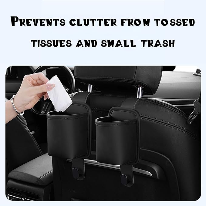 2-Pack Car Seat Back Cup Holder Organizer, Faux Leather Car Cup Holders with Hooks, Universal Backseat Storage for Drinks, Bottles & Travel Accessories (Black-2)