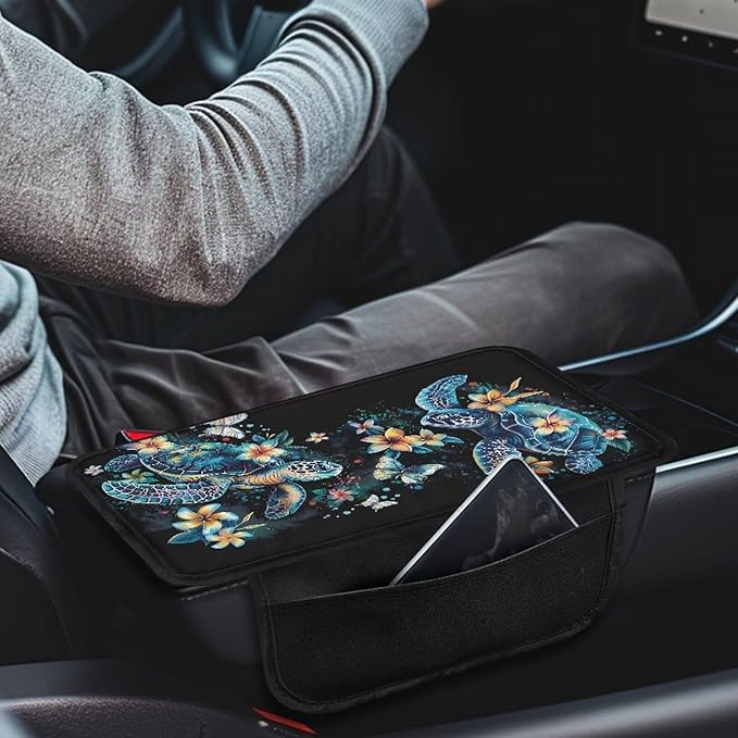 Dreaweet Sea Turtle Car Accessories Center Console Cover Black Car Arm Rest Cover,Car Armrest Box Pad with Pockets,Soft Comfy Arm Rest Cushion Pads for SUV Truck Sedan Vehicle