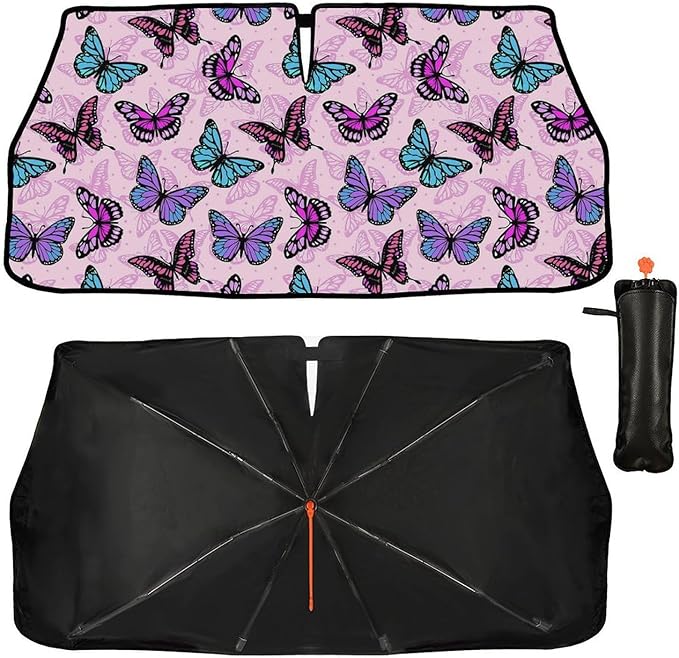 DOPINDU Butterfly Car Windshield Sun Shade Umbrella Bendable Handle Foldable Colorful Sunshade for Car Cute Front Window Shades Block UV Rays Protect Automotive Interior 57"x30"