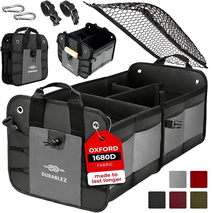 DURABLEZ Compact Car Trunk Organizer 2-Section – Grocery, Tools, Cleaning Supplies Storage – Foldable Dual-Compartment Cargo Bin with Cover Net – Gray