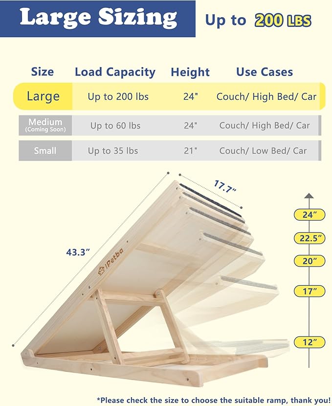 iPetba Dog Ramp for Bed & Couch for Large Dogs - Joint-Friendly, Anti-Slip, Adjustable, Extra Wide & Stable, Up to 200 lbs