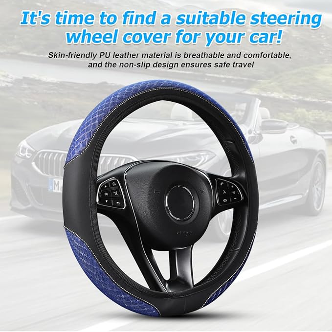 Elastic Car Steering Wheel Cover, 14.5-15 Inch Leather Non Slip Vehicle Steering Wheel Protecter Without Inner Ring, Auto Interior Protection Accessories, Universal Fit (Blue)