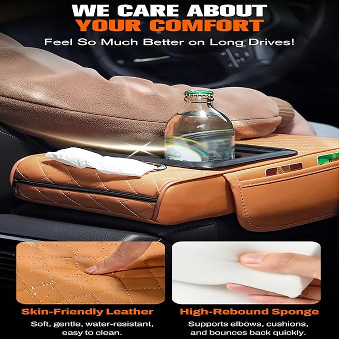 Multifunctional PU Leather Car Armrest Box Mat Organizer with Cup Holders, Universal 5-in-1 Car Armrest Storage Box Mat with Central Elbow for Most Cars (Cayenne Yellow)