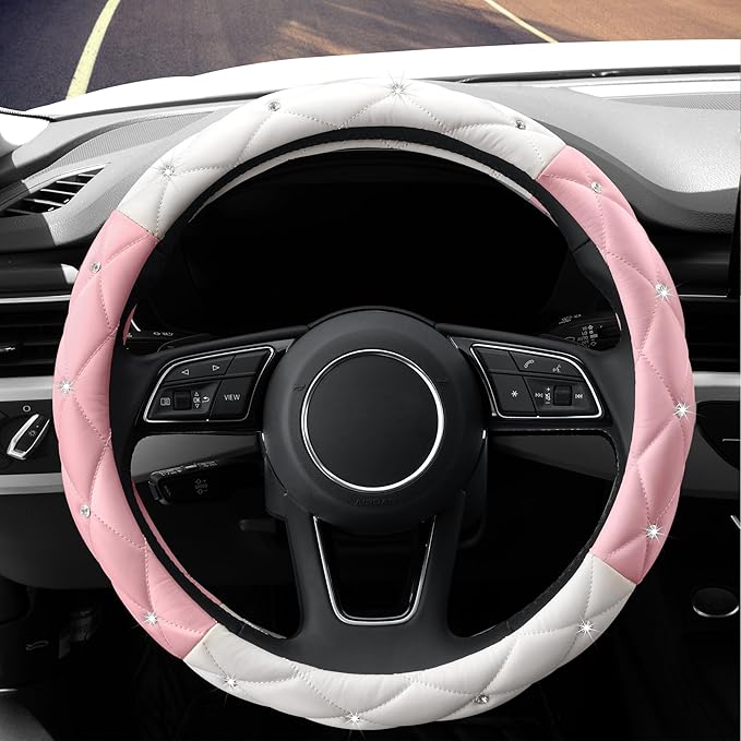 YOGURTCK Cute Diamond Soft Leather Steering Wheel Cover with Bling Bling Crystal Rhinestones, Universal 15 Inch for Women Girls, Fit Vehicles, Sedans, SUVs, Vans, Trucks - Light Pink and White