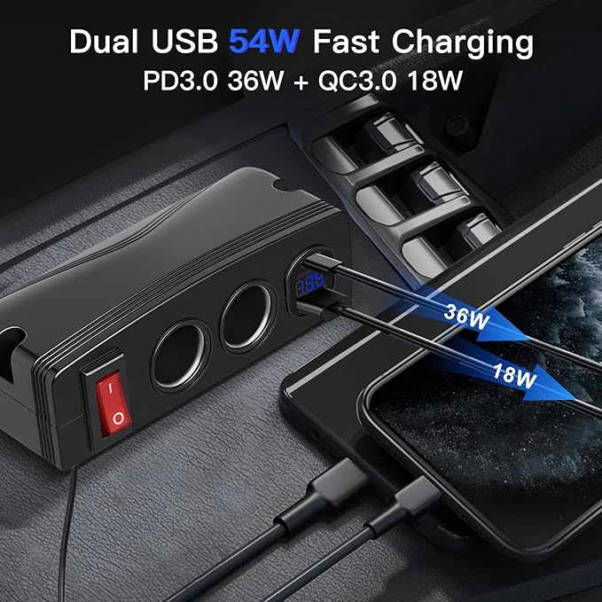 4-in-1 Cigarette Lighter Splitter Car Charger, 2 Socket Cigarette Lighter Adapter with Dual USB Outlet, Master Switch & LED Voltmeter, 12V-24V Power Outlet for Boat Marine Truck RV Golf Cart