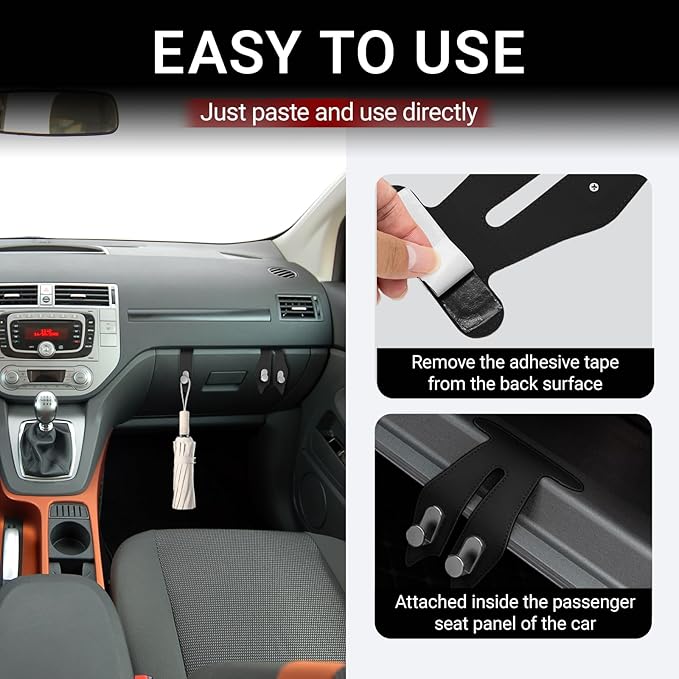 Guyakysk 2 Pack Black Purse Hook for Car Co-Pilot Glovebox, Self-Adhesive Car Glove Box Bag Hanger Holder Leather, Universal Interior Seat Back Storage Hook Accessories for Umbrella (Double)