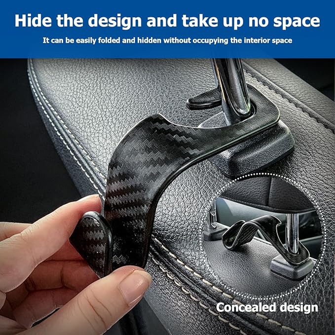 Car Back Seat Headrest Hooks, 4PCS Vehicle Backseat Storage Organizer Hanger, Multifunctional Auto Headrest Hidden Hook Universal for Handbag Purse Backpacks Bags(Carbon Fiber Beige)