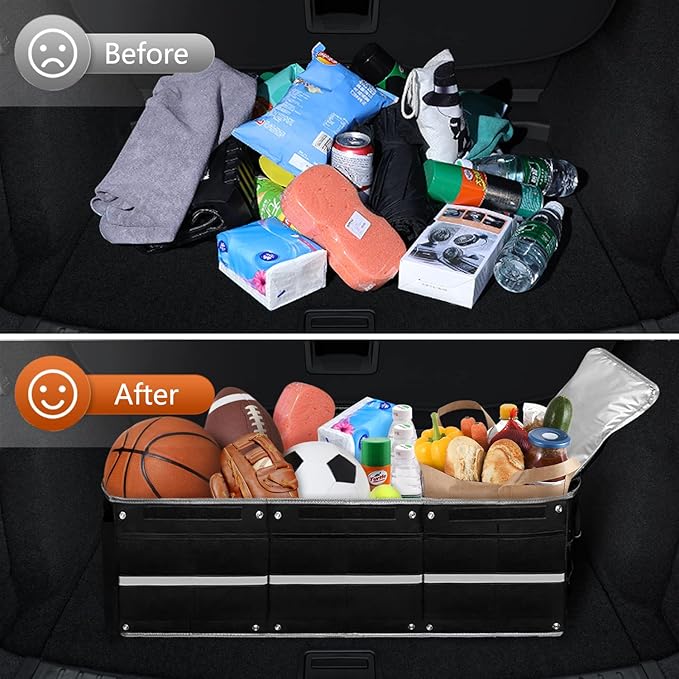 Car Trunk Organizer with Insulated Cooler Bag, Foldable & Waterproof Storage Organizer with Lid for SUV, Truck, Sedan - 4 Large Adjustable Compartments, Heavy Duty & Collapsible Design