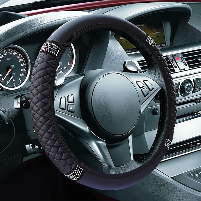 Bling Soft Leather Steering Wheel Cover, 15" Anti-Slip Sparkly Crystal Auto Elastic Steering Wheel Protector for Women Girl, Colorful Diamond Car Interior Accessory for Most Cars (Black)