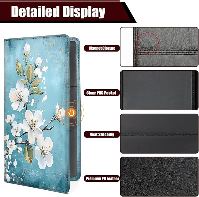 Car Registration Holder, PU Leather Vehicle Glove Box Organizer for Driver License, Document, Car Insurance Holder with Magnetic Shut, Auto Paperwork Wallet Case Accessories, White Flowers Pattern
