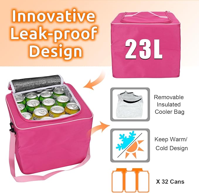 EAROND Collapsible Trunk Organizer with Insulated Leakproof Cooler Bag,Removable Lid,Adjustable Securing Straps,3 Compartments Trunk Organizer for SUV,Truck,Sedan(Pink)