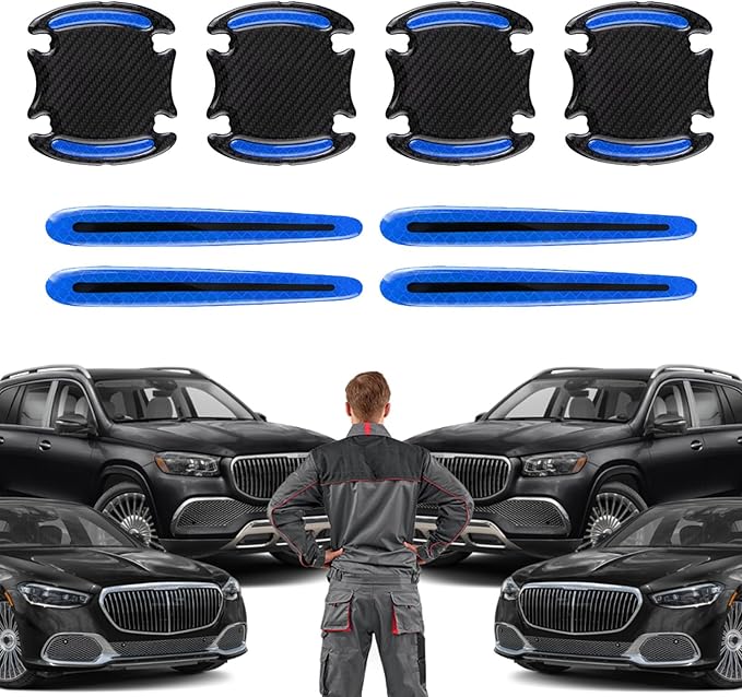 8PCS Car Door Handle Scratch Protectors, 3D Carbon Fiber Door Handle Bowl Cover Guards for Vehicles, Reflective Automotive Doors Handles Cup Accessories Paint Protective Film Sticker (Blue)