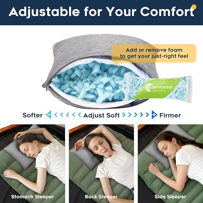 CushyOasis All-in-1 Camping Pillow Set - Shredded Memory Foam Small Travel Neck Pillow for Sleeping with Eye Mask, Earplugs & Washable Cover, Compact for Backpacking, Hiking, Airplane, Car, S Size