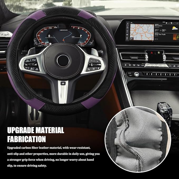 Car Steering Wheel Cover, Steering Wheel Cover Protector, 15 Inch Carbon Fiber Microfiber Leather Elastic Steering Wheel Protector, Car Steering Wheel Accessories for Vehicles (Black Purple)