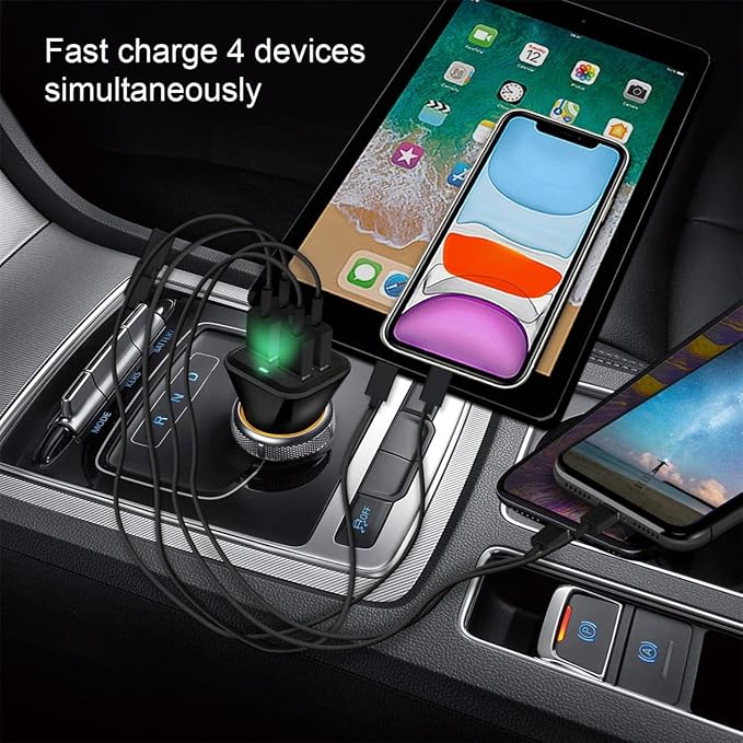USB Car Charger Adapter, QC 3.0 Fast Car Phone Charger, 4-Port Multi 9.6 Amp Cigarette Lighter Adapter Compatible with iPhone 16/15/14/13/12 Pro Max, Samsung Galaxy S22 Note20, LG, Pixel.