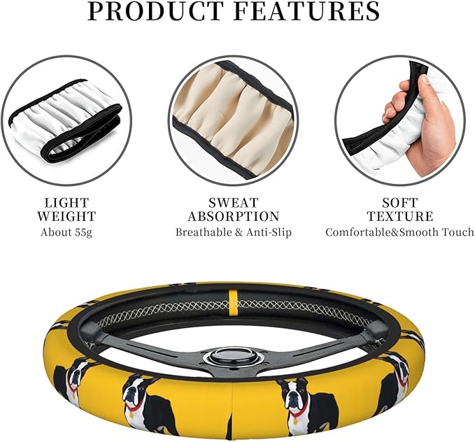 Boston Terrier Print Car Steering Wheel Cover, 15 Inch Steering Wheel Cover Stylish Decor for Most Cars