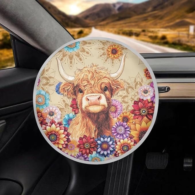 Highland Cow Steering Wheel Sun Cover 17 Inch Fashion Vehicle Steering Wheel Shade Cover for Summer Keep Your Car Cool Summer Essential Gift for Holiday