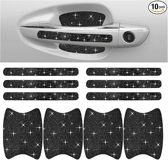 10PCS Bling Car Door Handle Anti-Scratch Sticker, Universal Car Doors Handles Protective Cover, Shiny Rhinestone Auto Decor Accessories for Women (Black)