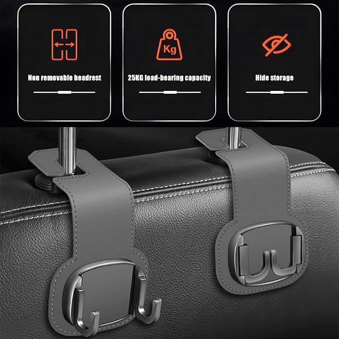 Car Headrest Hooks, 2PCS Foldable Double Vehicle Back Seat Organizer Hanging Holder for Purse Coat Umbrella, Automotive Interior Seatback Storage Hanger Accessories, Universal Fit (Gray)