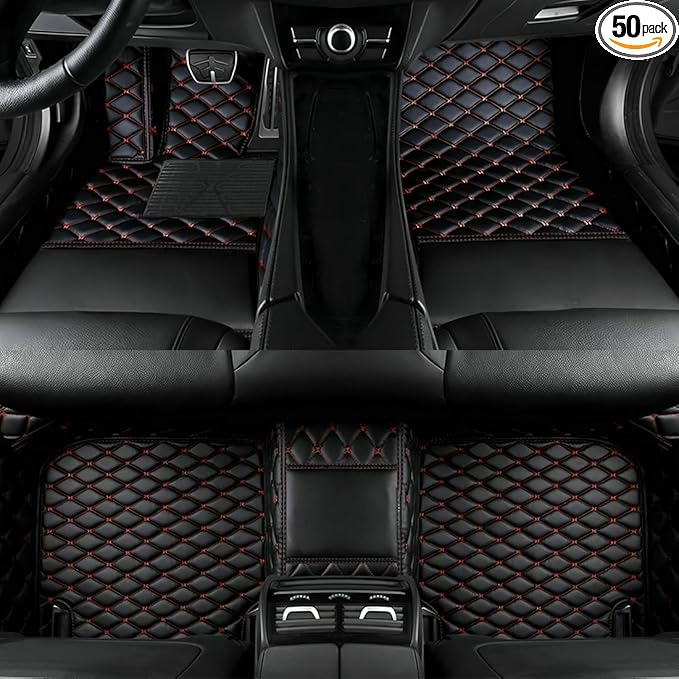 Custom Personalized Floor Mats for Cars，Luxury Full Coverage All Car Floor Mats，Anti-Slip Leather Car Mat Set ，Custom Floor Mats for 99% of Cars, Trucks & SUVs. (Black and Red)