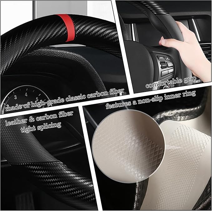 Black Carbon Fiber Leather Steering Wheel Cover, Microfiber Leather, Anti-Slip, Breathable, Universal Fit for 14.5–15 in Steering Wheel Cover for Men Women