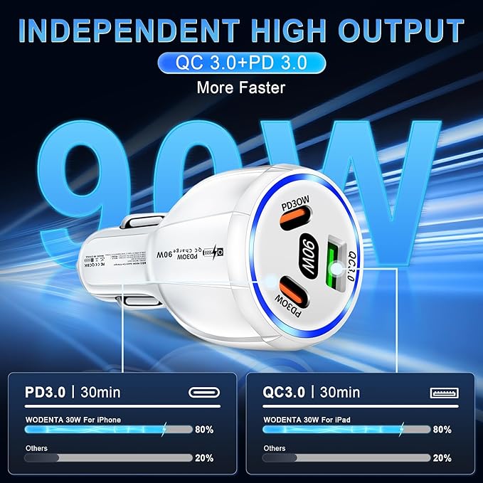 Amiss Car Charger Adapter, 3 Port USB-C & USB-A 90W Fast Charger, Car Interior Accessories, Essential Travel Gifts for Men and Women, Fit for iPhone 17/16/15/14/13Pro Max, Samsung, Android (White 1pc)