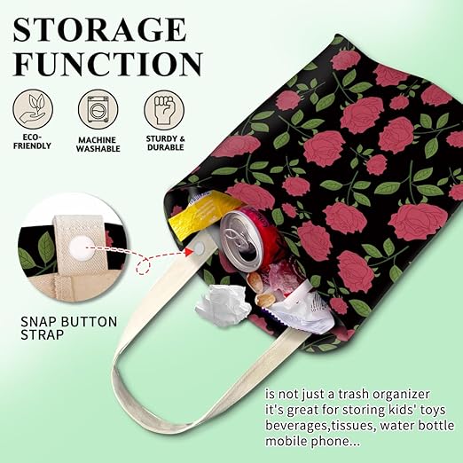 Car Trash Can, Cute Car Trash Bag, Hanging Car Organizer and Storage Bag, Trash Bin for Car Accessories, Vehicle, Travelling, Camping Cute Black Pink Floral